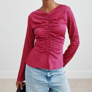 Third Form Allure Gathered Long Sleeve Top Red Maroon Ruched V Neck Size 2